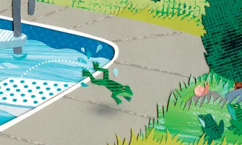 A frog jumps to safety out of a pool using a ramp to rejoin the other frogs on the safety of the grass