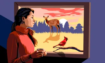 Illustration of a woman looking out a window at a deer and cardinal outside.