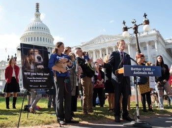 The Humane Society of the United States, the Humane Society Legislative Fund, rescue beagles and the beagles’ families join U.S. Senators Richard Blumenthal, D-Conn., and John Kennedy, R-La., for the Better CARE for Animals Act press conference in front of the U.S. Capitol Building on Wednesday, Oct. 18, 2023.