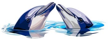 Illustration of two dolphins peaking their heads out of the water.