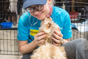 HSUS volunteer cuddling a dog at a temporary emergency shelter to care for animals displaced by the California wildfires in 2018.