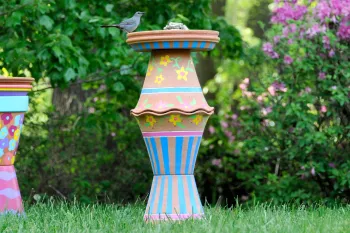 DIY painted bird baths made from clay pots