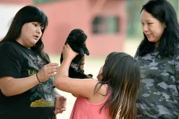 Two people and a child looking at a small black puppy