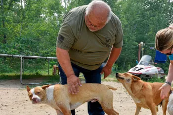 Rick Haaland of Leech Lake Band of Ojibwe Pets for Life and Rachel Thompson from Pets for Life pet three dogs outside a home