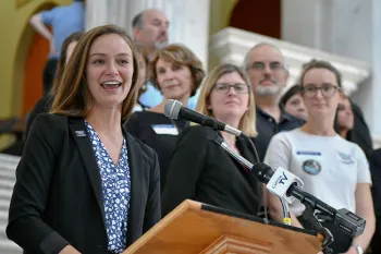 Stephanie Harris speaks during lobbying day at the Statehouse in Providence Rhode Island