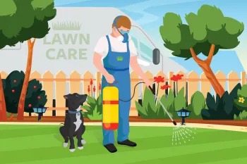 Illustration of a lawn care professional spraying chemicals onto a lawn while a dog sits looking up at him.