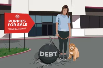 Illustration showing a woman walking out of a pet store with a puppy on a leash in one hand and a giant iron ball with the word Debt in the other.
