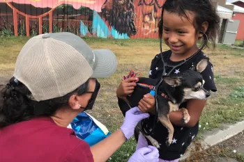 Veterinarian assisting a young girl holding her pet