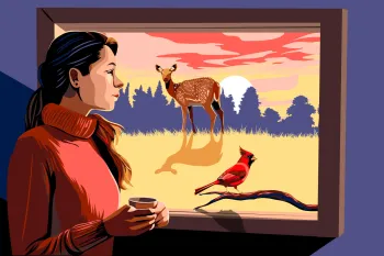 Illustration of a woman looking out a window at a deer and cardinal outside.