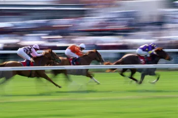 several racing horses run around a track with a blur effect.