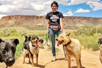 a person standing outdoors on a dirt path with several dogs