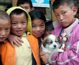 Kids in Bhutan with a dog